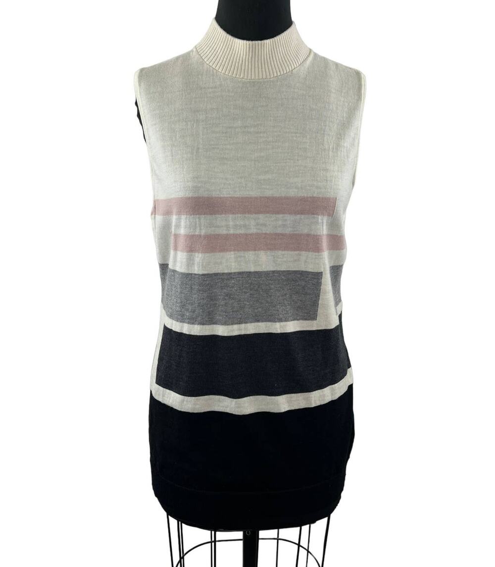 St. John Ivory Pink Striped Mock Neck Sleeveless Knit Top Sweater Colorblock M